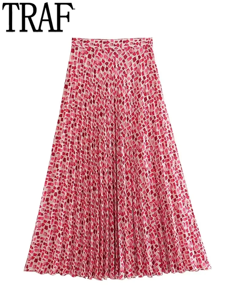 

TRAF Pink Pleated Skirt Women Print Ruched Long Skirts for Women 2023 Summer High Waist Midi Skirt Woman Fairycore Evening Skirt