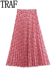 TRAF Pink Pleated Skirt Women Print Ruched Long Skirts for Women 2023 Summer High Waist Midi Skirt Woman Fairycore Evening Skirt