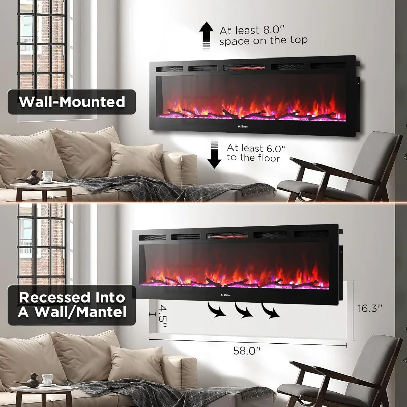 TURBRO 60” Smart WiFi Infrared Electric Fireplace with Sound Crackling and Realistic Flame, 1500W Quartz Heater