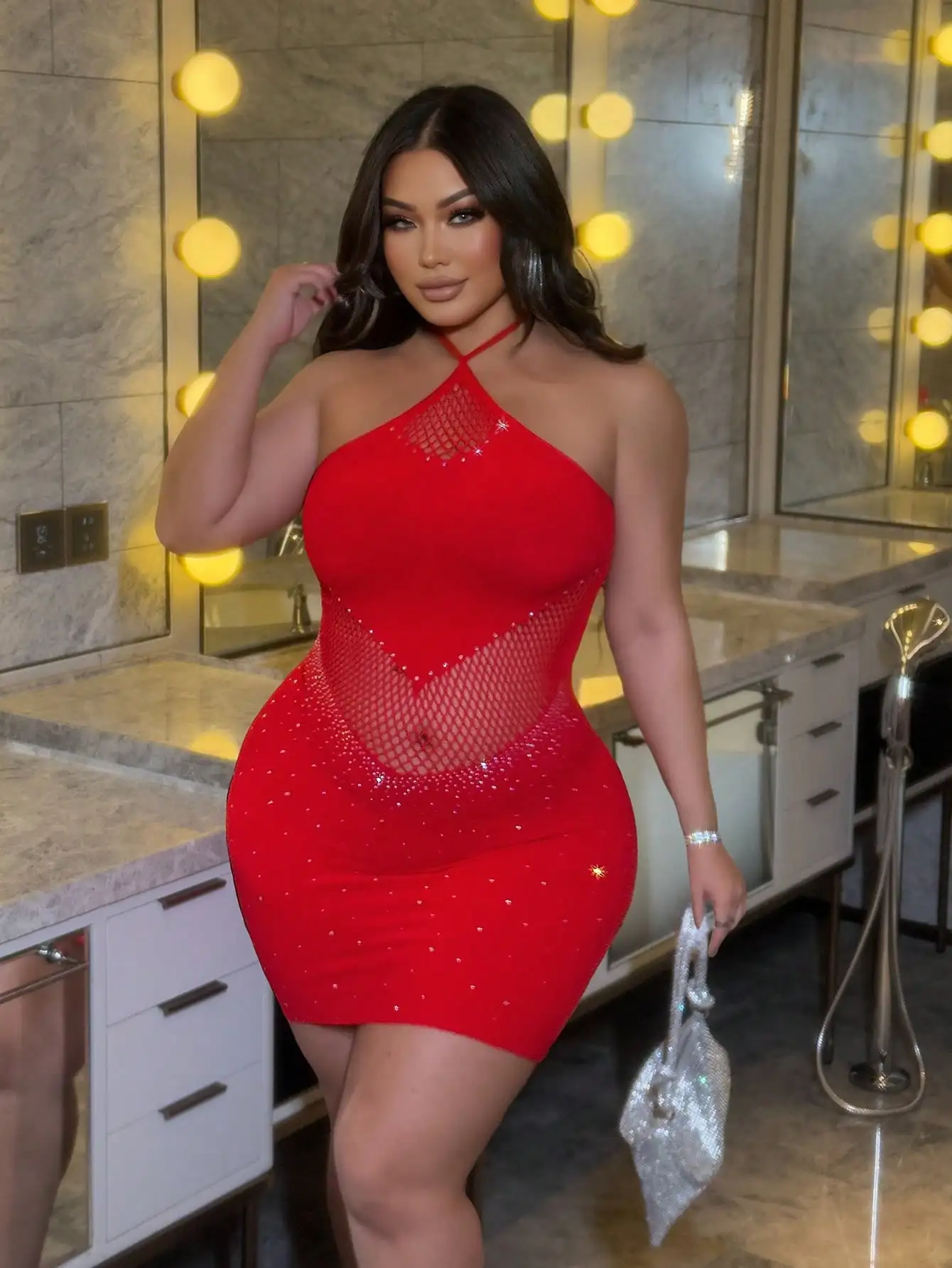 Women Sexy Dress Mesh Hollow Out Fitted Mini Dress Plus Size Sleeveless Bodycon Dress Nightclub Party Dating