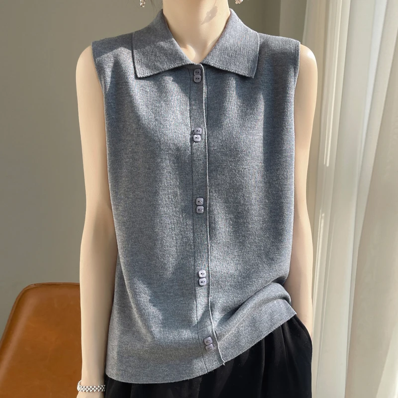 2024 Spring and Summer New Fashion Vest Ladies Knitted Cashmere Sweater Women Sleeveless Lapel  Female Vest Loose Tops