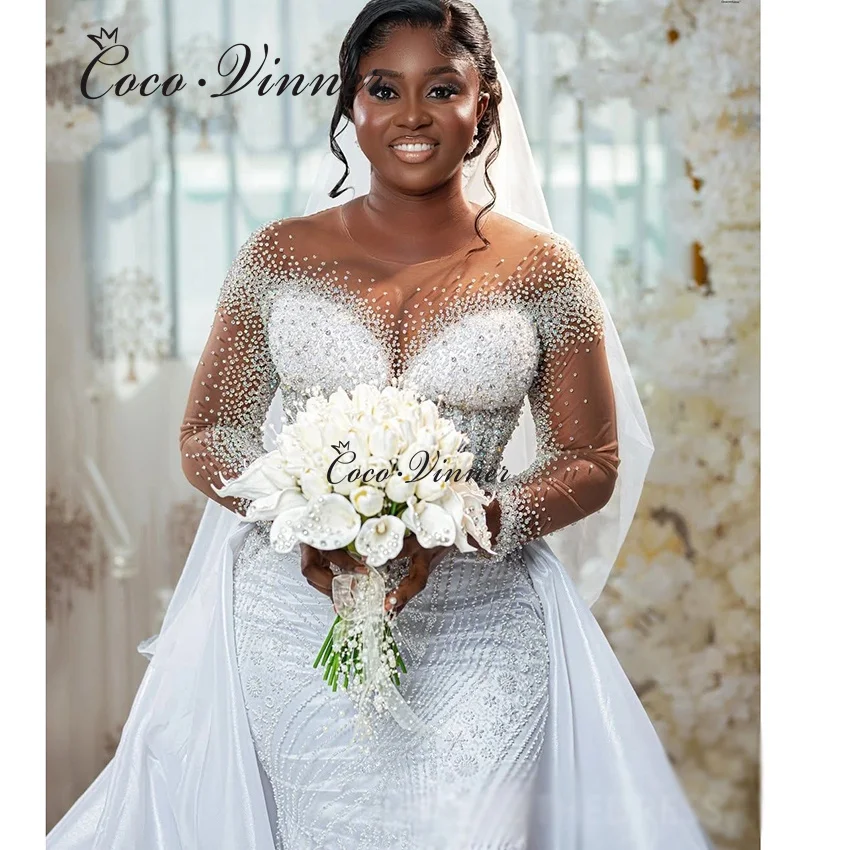 맞춤형 럭셔리 비딩 2 IN 1 웨딩 드레스 여성용 2026 신상 크리스탈 비즈 인어 웨딩 드레스 탈부착 가능한 스커트 W1503