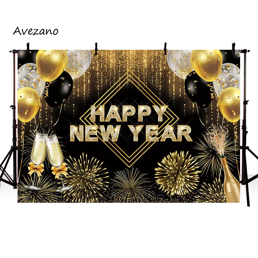 Avezano ano novo fotografia fundo champanhe ouro glitter balão fogos de artifício 2023 festa decoração do feriado cenário foto estúdio