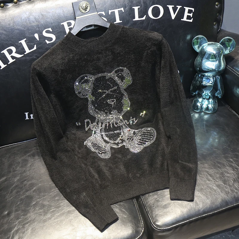 

Faionable round Ne Knitwear for Men Casual Versatile High Quali Luxury Brand Iron on Rhinestone Pattern Winter Season