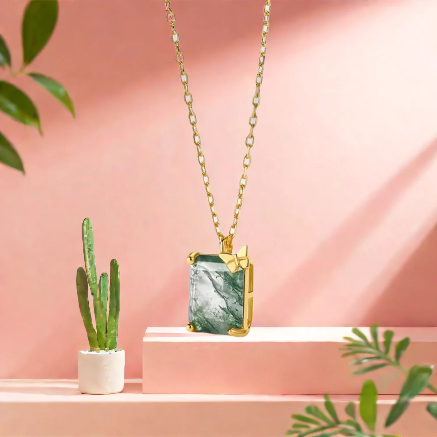 

Women's Emerald Cut Butterfly Pendant Necklace Gold Plating Moss Agate Necklace for Gift Anniversary