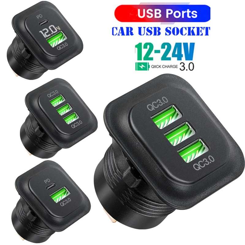 

12V/24V Triple USB C Car Charger Socket USB Outlets USB A Ports with LED Fast Charging 12V/24V For Moto Adapter