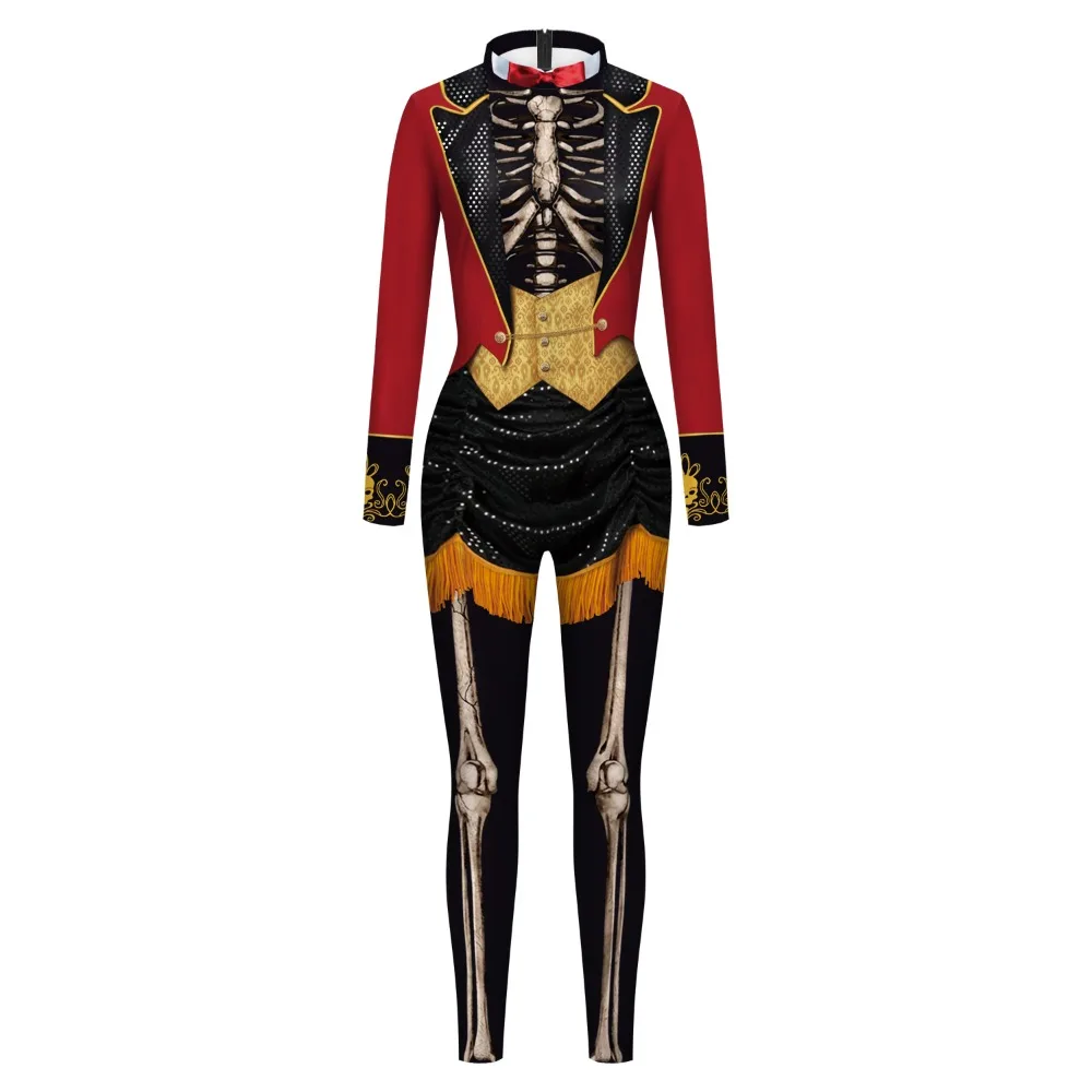 Halloweenowy kostium szkieletu Bodysuit 3D Stretch Skinny Jumpsuit Womens Rompers Party Zentai Outfit Catsuit Long Sleeve Stage Slim