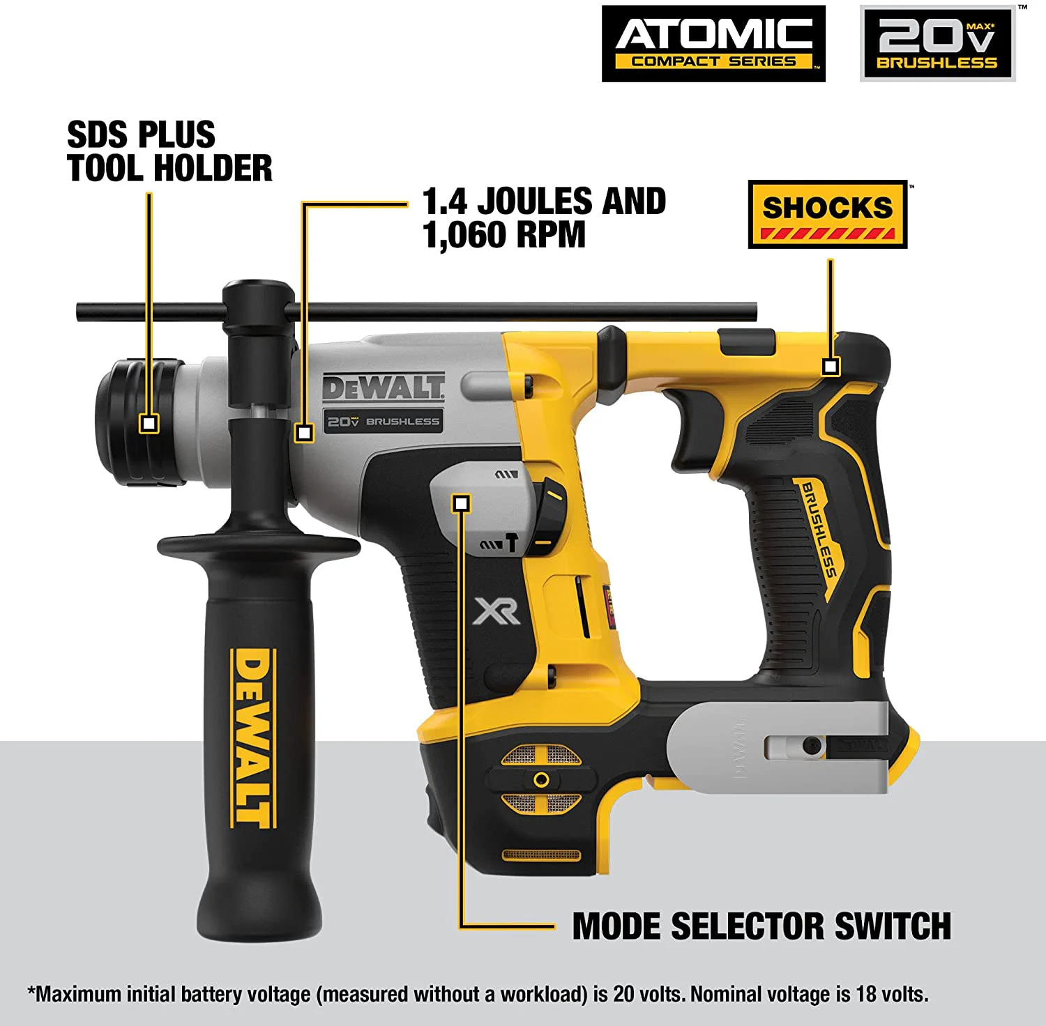 DeWalt DCH172 Compact Hammer Cordless Rechargeable Hammer Drill 5/8 Inch 20V MAX Hammer Bare Metal