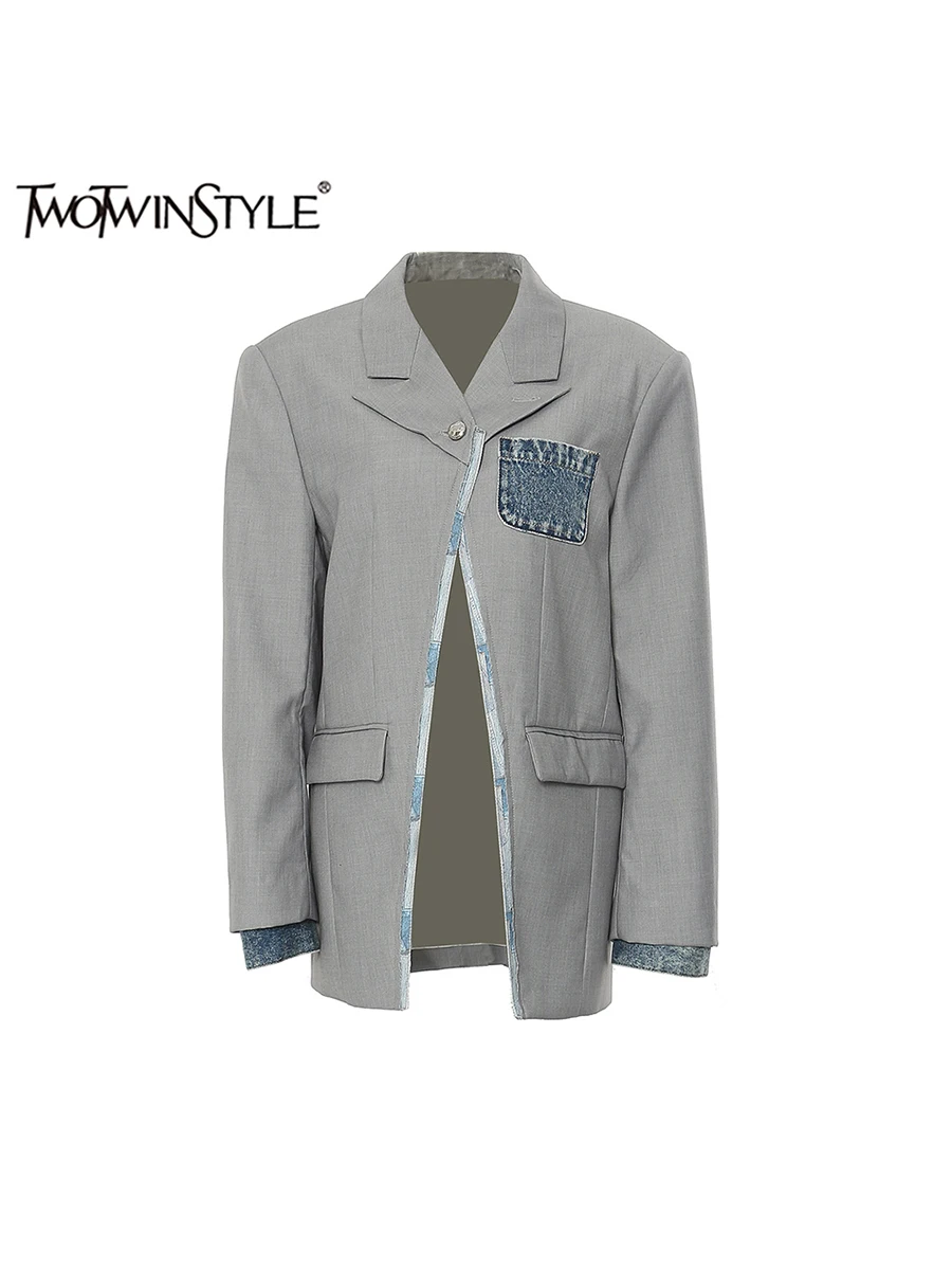 

TWOTWINSTYLE Colorblock Spliced Denim Designer Blazer For Women Notched Collar Long Sleeve Spliced Pocket Chic Blazers Female