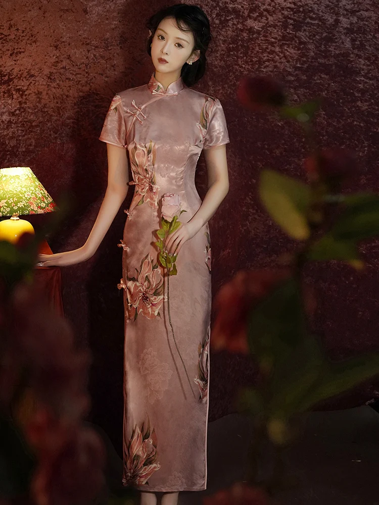 

Ele Pink Long Young Sle Retro Dr High Split ort Sve Polyester Fiber Daily Wear Online Exclusive