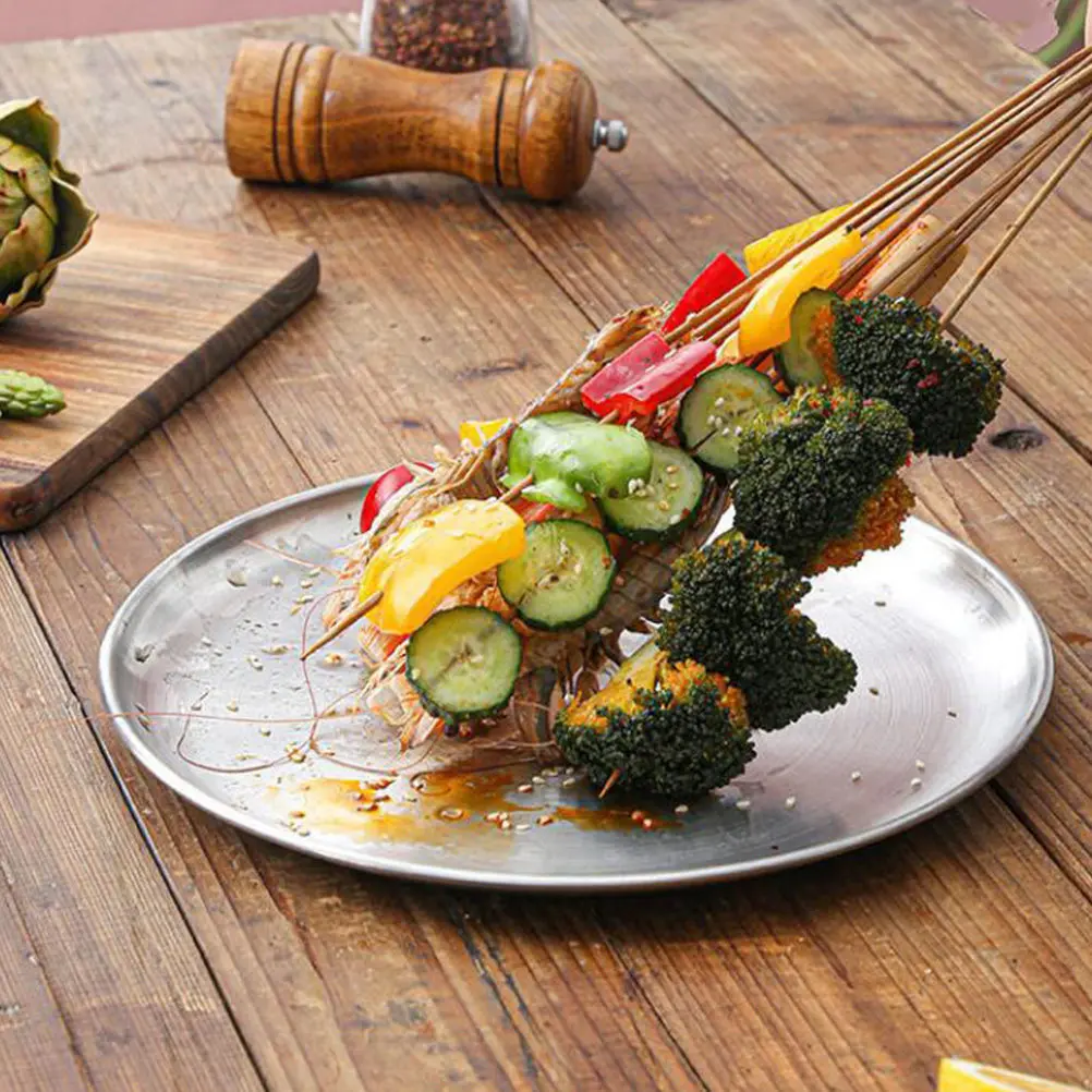 

3 шт. круглых подносов из нержавеющей стали, компактные и легкие, для дома, ресторана, бара, для тортов, выпечки, закусок, фруктов, барбекю