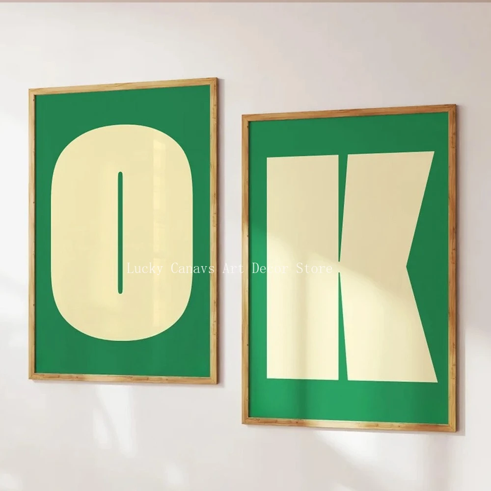 Retro Green OK Letter Double-panel Frameless Canvas Painting, Minimalist Color-blocked Letter Home Decoration Poster