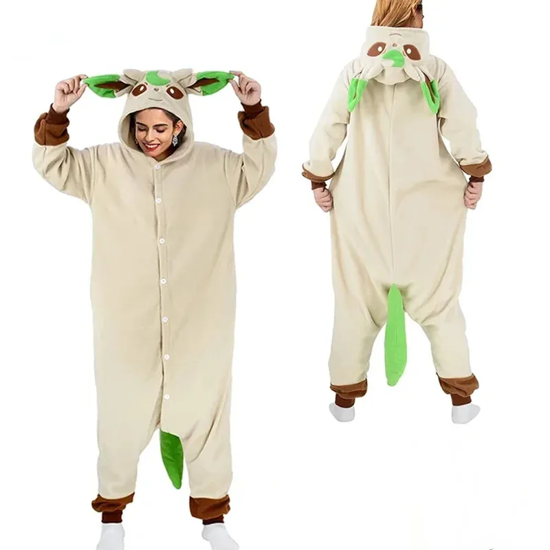 

TAKARA TOMY Leafeon Onesies Kigurumi Cosplay Pajamas Winter Warm Sleepwear Pyjamas Adults Halloween Full Body Costume