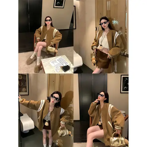 OUYANG Xiao Xiang-stil långärmad paljettkavaj med dragkedja för dam, retro amerikansk fotboll, fritidsjacka i PU-läder med dragkedja 10 best sales Jacka Fotboll Amerikansk - №1