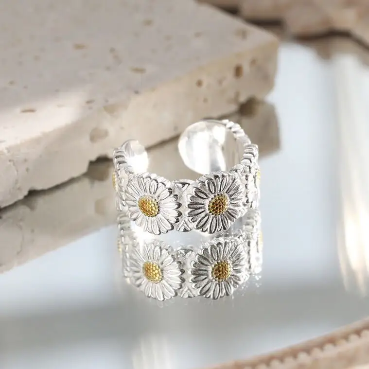 Women's 925 Sterling Silver Small Daisy Opening Ring, Floral Charm