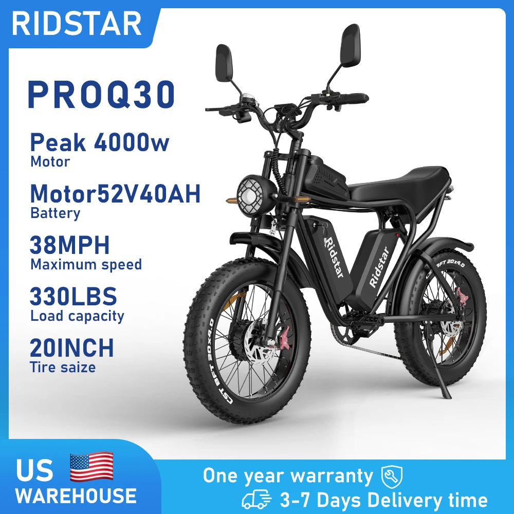 

Ridstar 4000W Electric Bike for Adults 52V 40AH Dual Battery 38 MPH 188 Miles Electric Dirt Bike 20" Fat Tire Mountain Bicycle