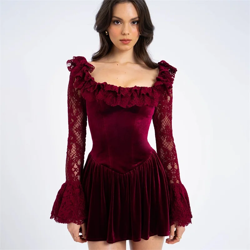 Burgundy Velvet Lace Women's Prom Dress Sexy Square Neck Full Sleeves Slim Fit Formal Birthday Short Mini Party Gown Skirt Robes