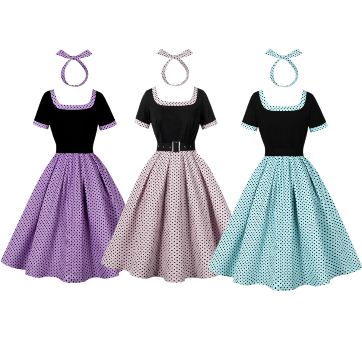 

Women's 50s 60s 1950s Vintage Polka Dot Dress Summer Short Sleeve Cocktail Rockabilly Swing Party Retro Dresses