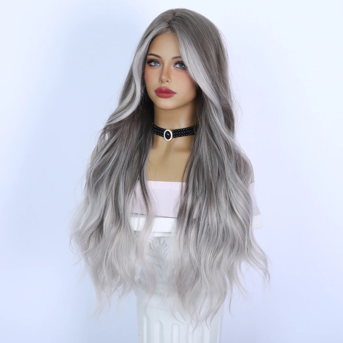 

Daily Silver Gray Gradient Long Hair Curly Synthetic Wig Women's Curly Wig Women's Party Heat-Resistant Large Wave Wig