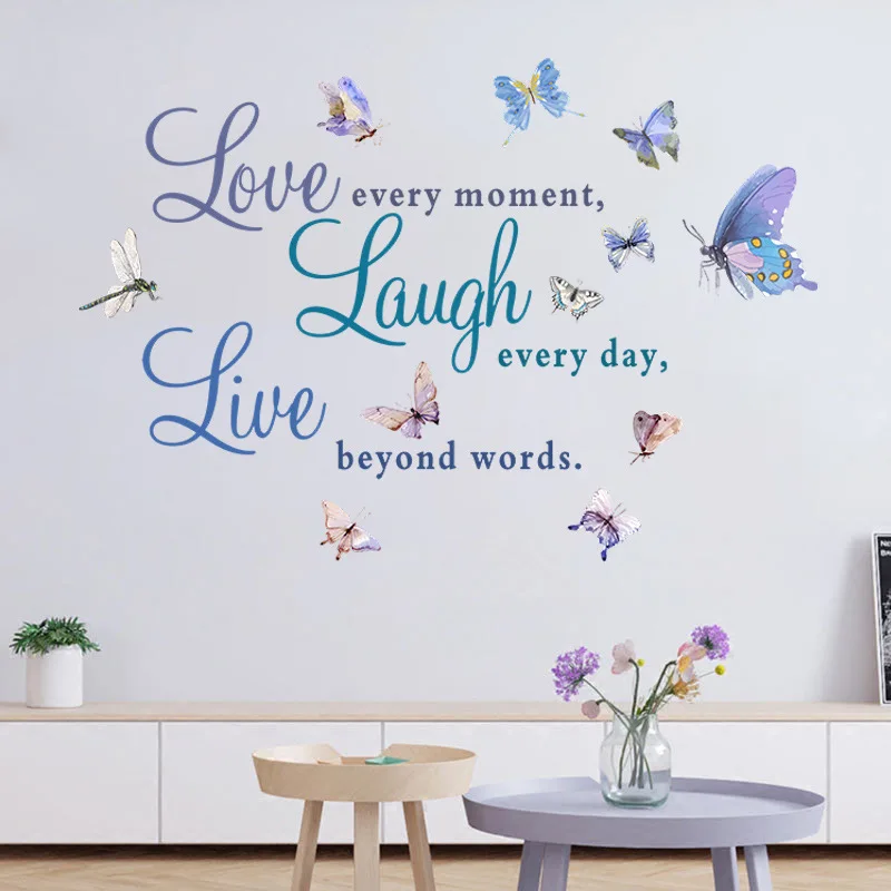LOVE LAUGH LIVE Wall Sticker Color English Butterfly Bedroom Living room Background Home Decoration Decals Wallpaper Stickers