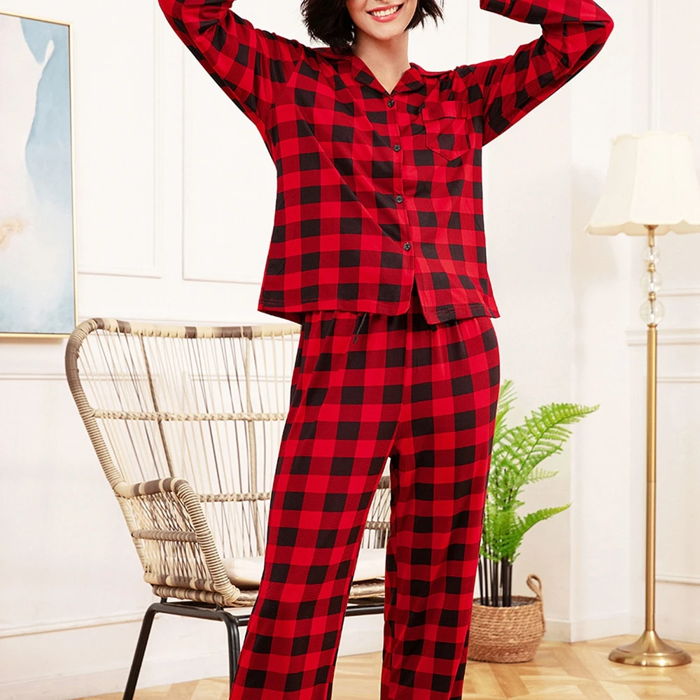 Women\'s Red and White Check Pajama Two-piece Set Long Sleeve Lapel Cardigan Shirt and Pants