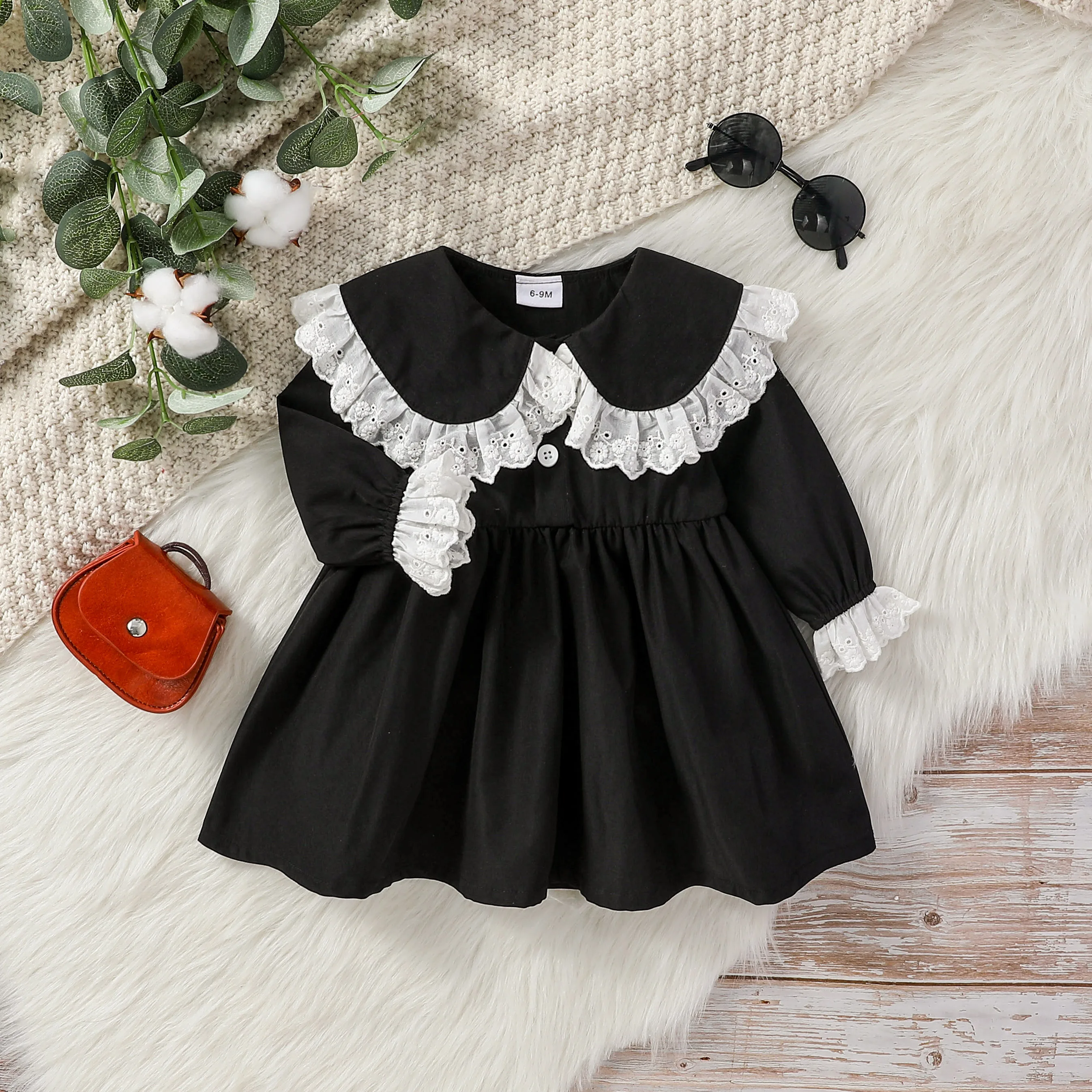 Baby Girls Long Sleeve Spring/ Autumn  Doll collar With Lace Black Fashion European and American style Dress For 1-3Y