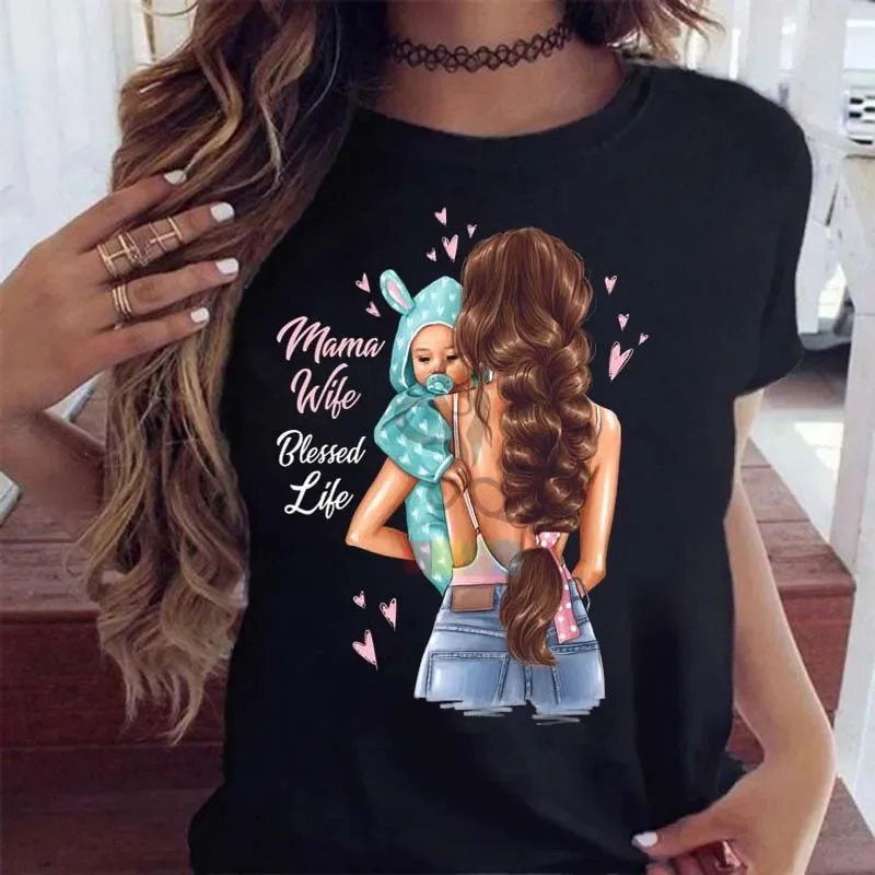 Plus Size Maycaur damska koszulka kreskówka mama z synem koszula modny nadruk casualowa damska koszulka damska T-shirt Top damski