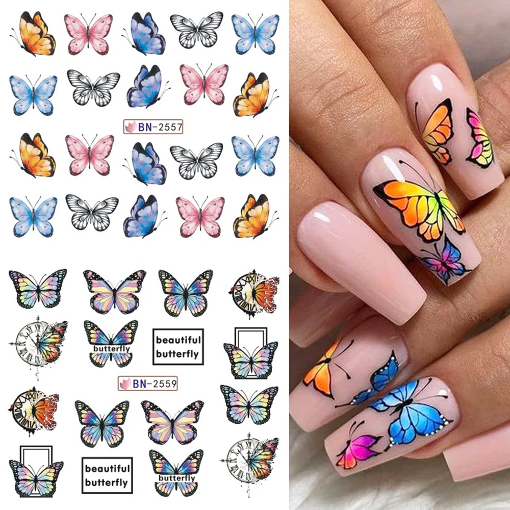 Schmetterling Wasser Nail Art Aufkleber Frühling bunte Schmetterling Blumen Blätter Transfer Schieber für Maniküre Dekorationen NLBN2557-2568