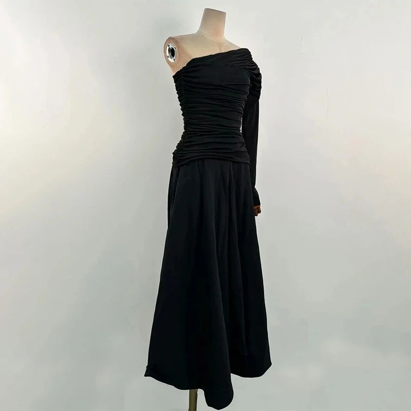 Abito lungo aderente a maniche lunghe monospalla da donna con collo drappeggiato e smock a strati Abiti per invitati a un matrimonio Abiti per le vacanze