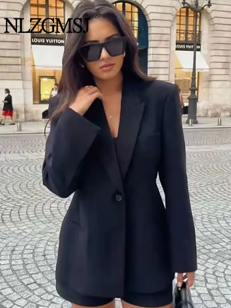 Nlzgmsj TRAF Women Black Blazer Lapel Long Sleeve Loose Fit Jacket Tide Spring Autumn Jacket 2023 Coat Women