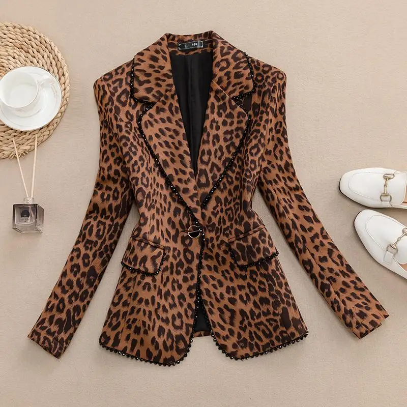 

Trendy Leopard Print Long Sve Women's Jaet Waist Cinched Spring Autumn Outerwear Commute Sle Polyester Fabric