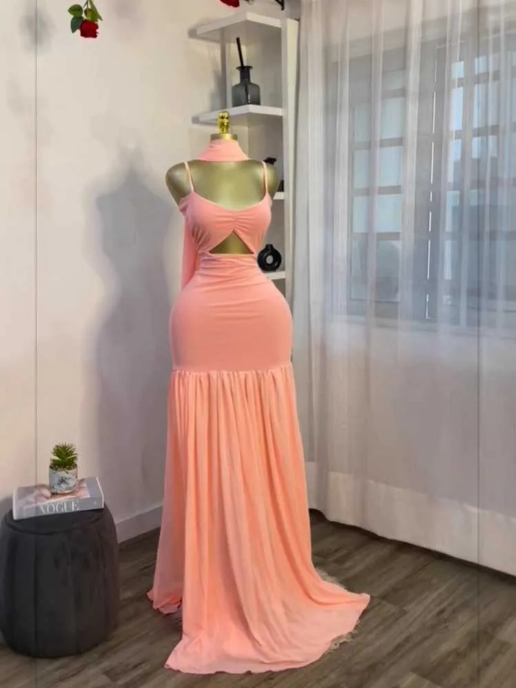 エレガントなピンクの女性用カットアウトウエストサマードレス、細ストラップセクシーイブニングロングノースリーブドレス
