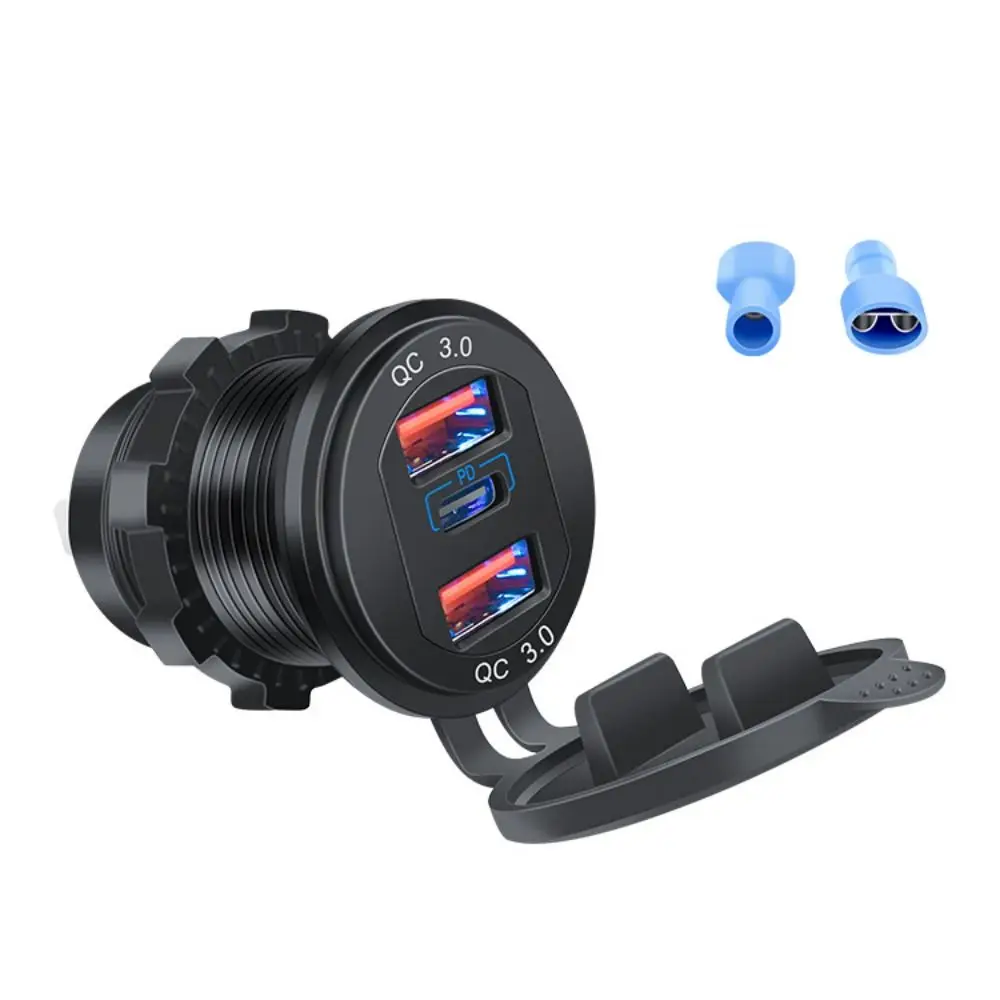 Dual PD/QC Ports QC3.0 Car Charger Socket Fast Charging QC3.0+PD 12V/24V Car Moto Adapter High Current Blue Led Light