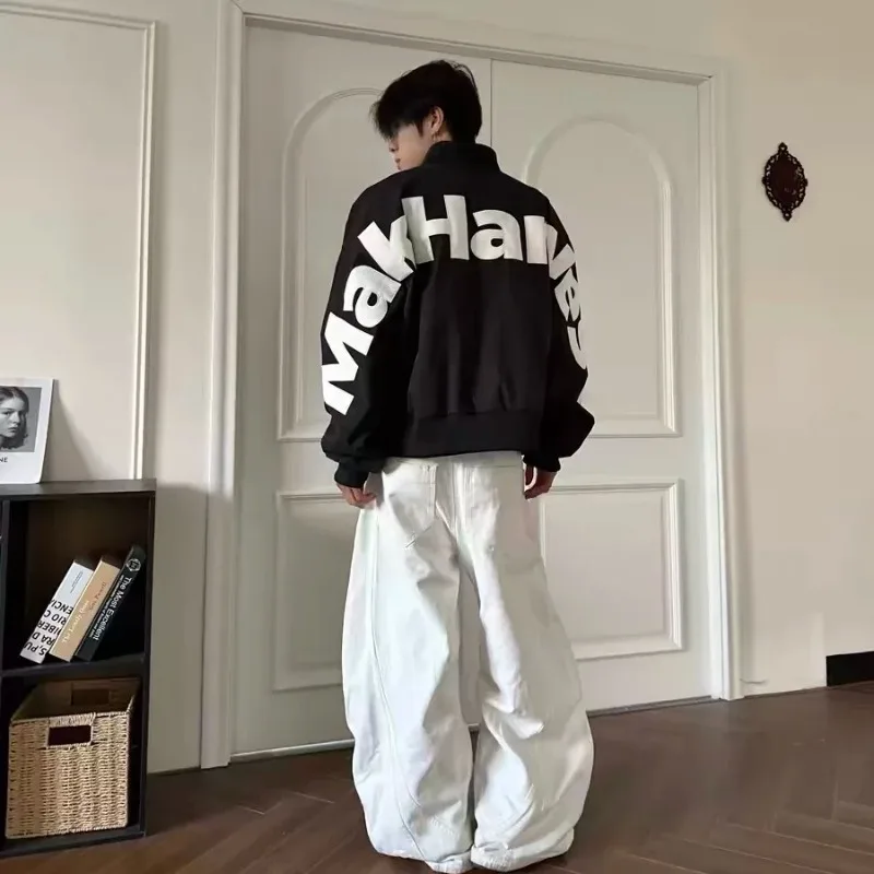 Unisex Letter Print Baseball Jacket Stand Collar Zip Up Loose Oversized Vintage Streetwear Men Women Outer Coat
