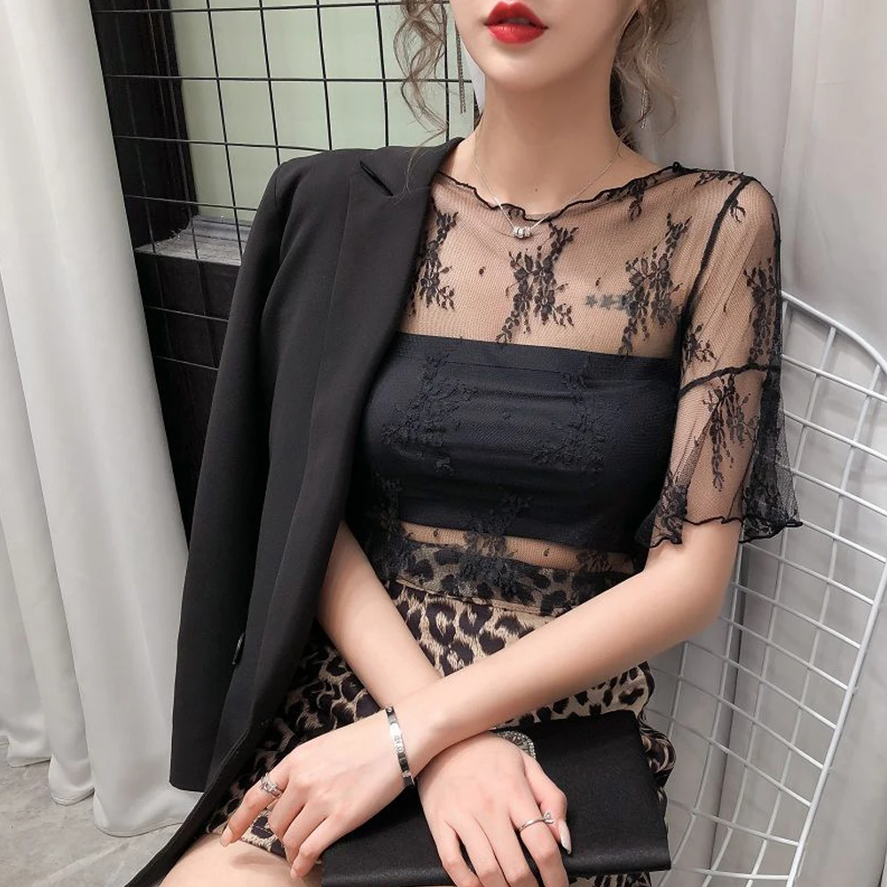 Y2K O Neck Flare Sleeve Short Sleeve T Shirt Women Transparent Elastic Female Blouses S-XL See Through Flower Lace T-shirt Top