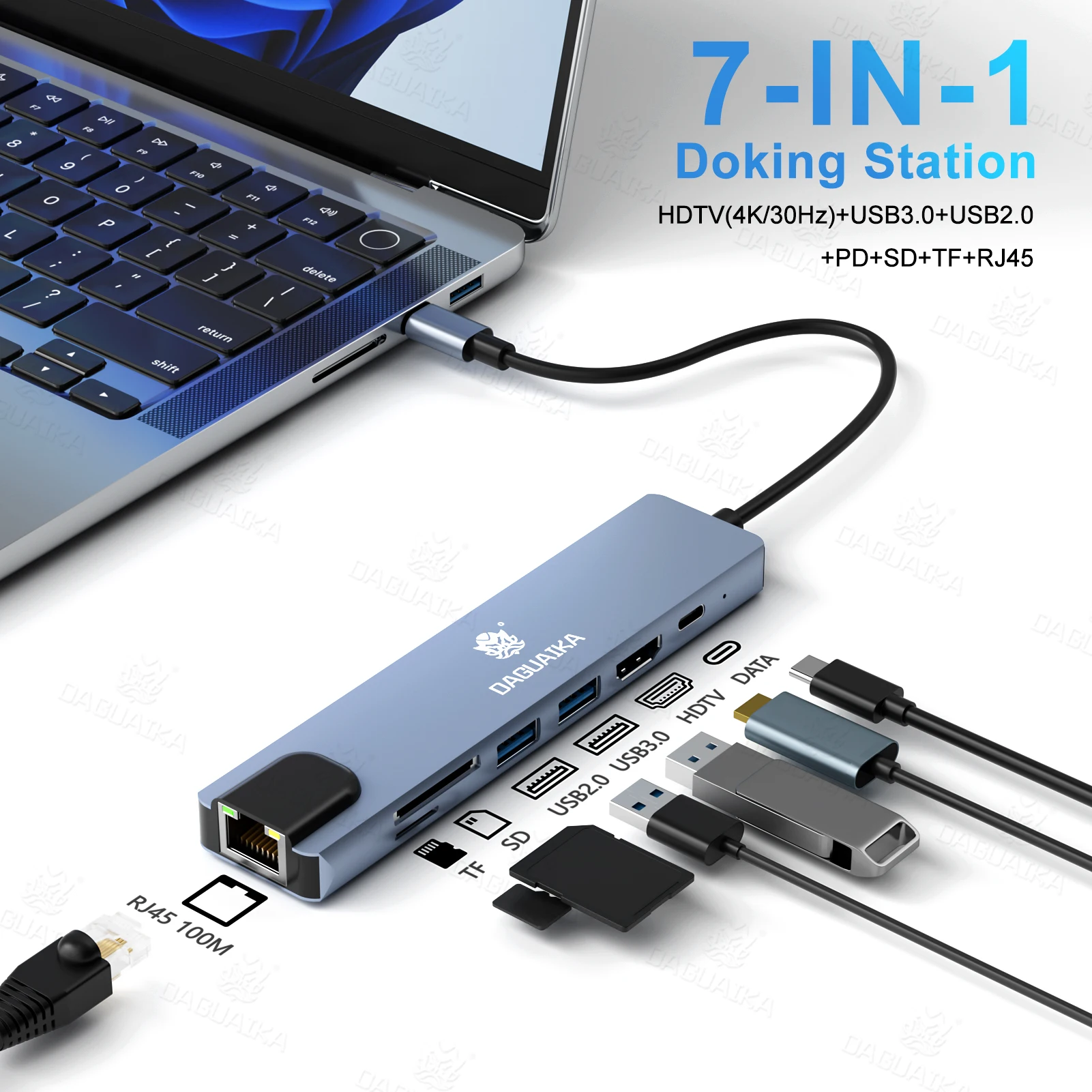 7 in 1 Type C Docking Station with Sd TF Card Reader Ethernet PD Ports USB 3.0 and Ports USB 3.0 2.0 for MacBook Pro Air HP XPS