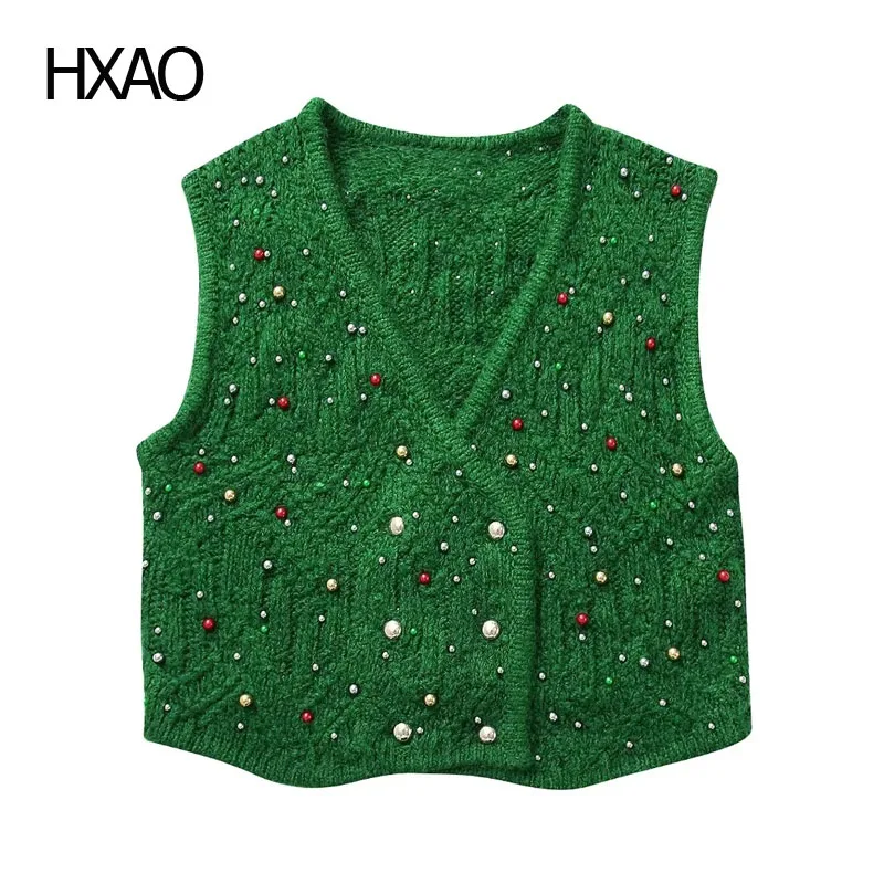 

HXAO Pearl Vests for Women Knitted Vest Green Cropped Sweater Waistcoat Woman Vintage Knit Tank Top Sleeveless Vest New Knitwear