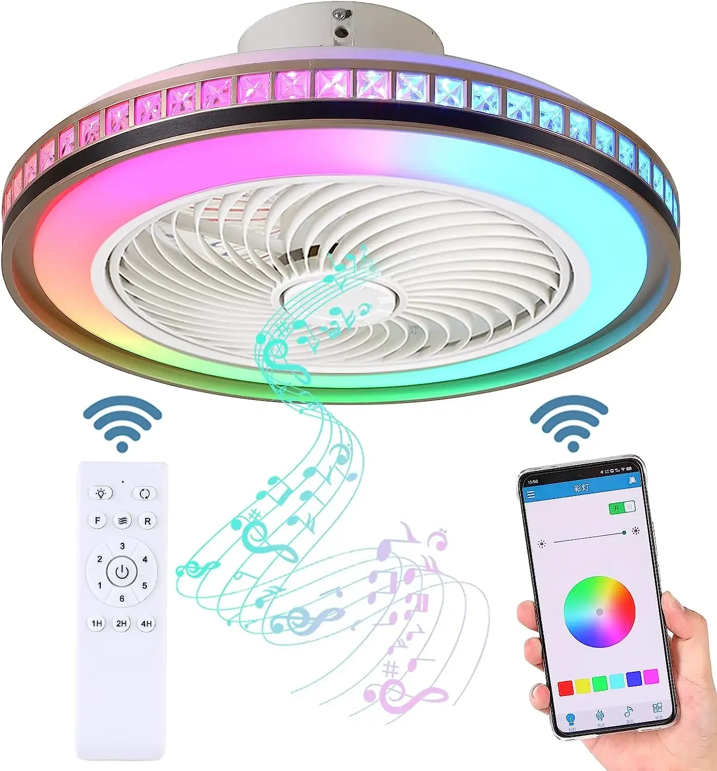 LED 조명이 있는 천장 선풍기 샹들리에, 리모컨 블루투스 스피커 환풍기 선풍기, 가정용 조명용 6 단 바람 가이드, 50cm