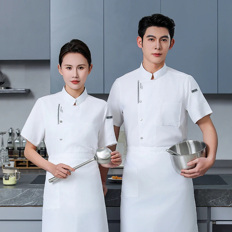 Abrigo de Chef de restaurante transpirable para hombre, uniforme de Chef de manga corta, chaqueta de cocina, delantal blanco, ropa de trabajo, logo, pantalones cortos de Chef de verano