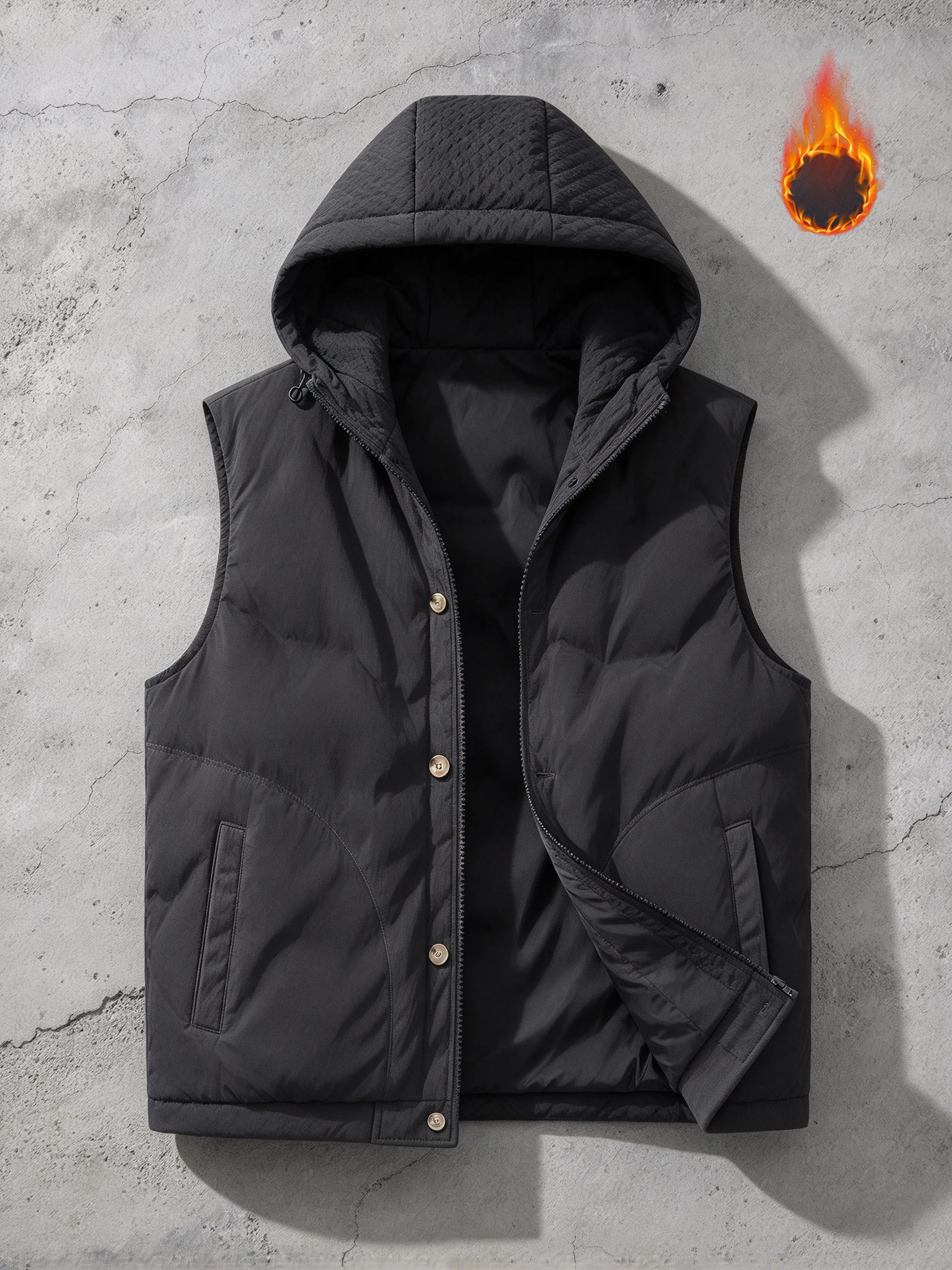 Men Hooded Padded Vest Waffle Texture Sleeveless Cotton Gilet Winter Warm Thick Waistcoat OutdoorWindproofCasualSleevelessJacket