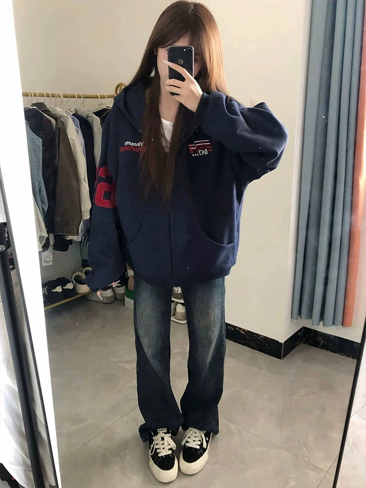 American Retro bordado con capucha abierta Cardigan sudadera mujer primavera otoño pareja deportes cremallera Jaet suelta ajuste largo S...