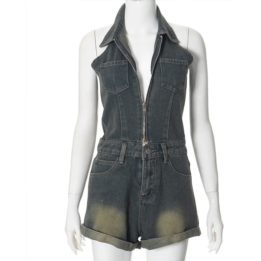 Europäischer und amerikanischer Frauen sommer New American Style Revers ärmelloser hängender Hals offener Rücken gerollter Rand Denim Overall kurz