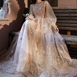 Customized Gorgeous Champagne Evening Dress Stand Collar Full Sleeve Sequined Wedding Party Gown Women A-Line Slim Long Dress 20