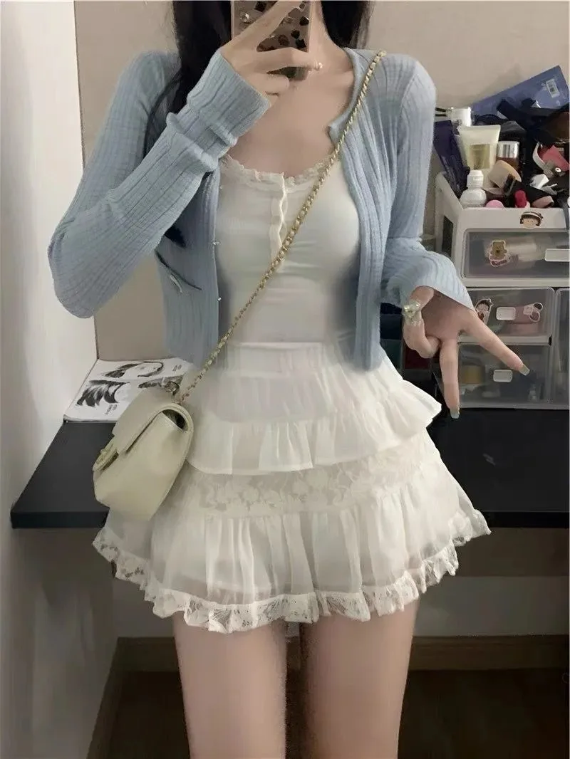 Sweet Spicy Sunscreen Knit Cardigan Sling Tank Top Cake Skirt Three Piece Set Women Korean Lace Splice Fashion Solid Slim Suit