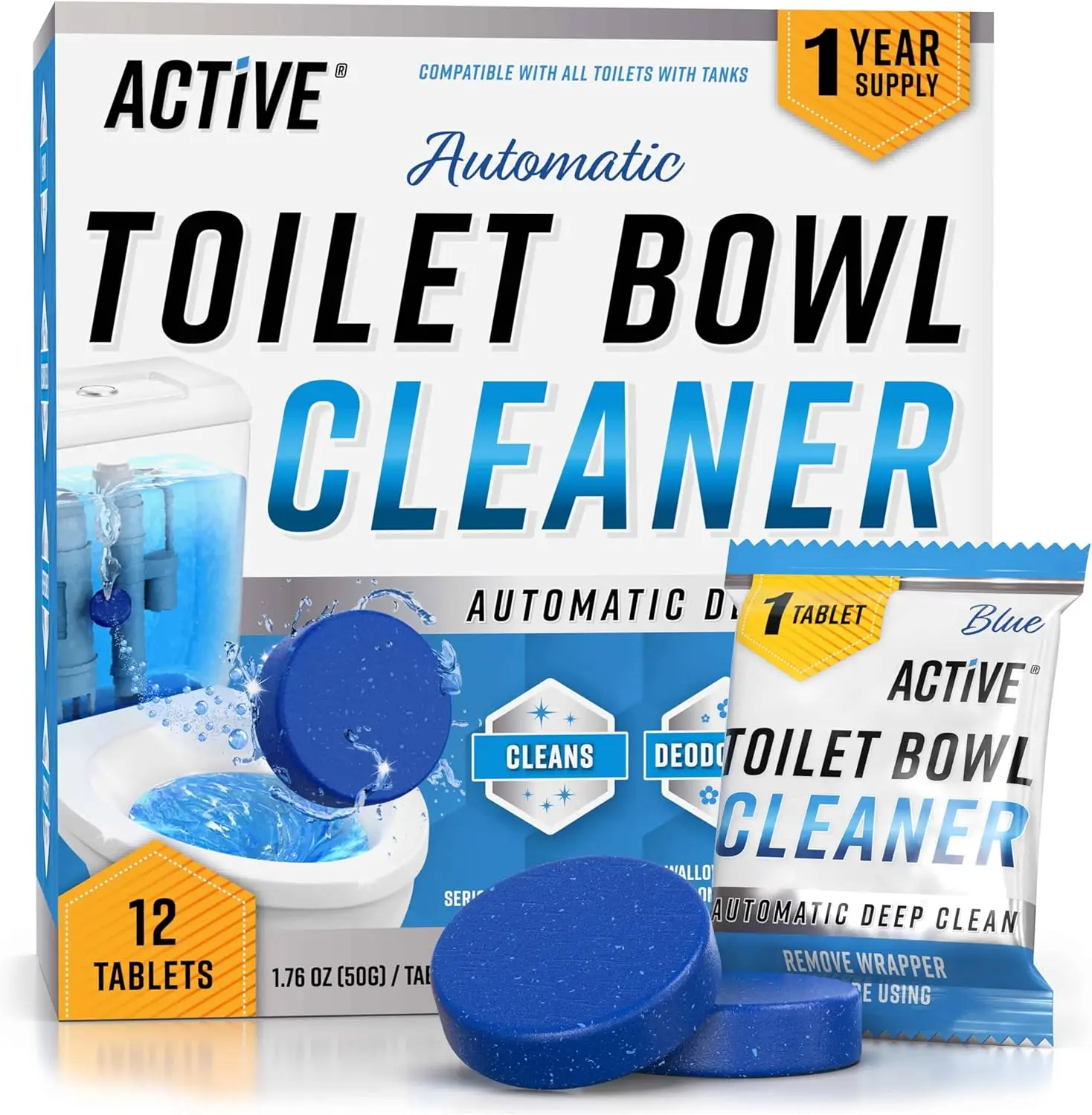 

Automatic Toilet Cleaner Tablets: Blue Gel for Stains, Odors, Hard Water - Septic Safe, Fresh Scent, 12 Tabs
