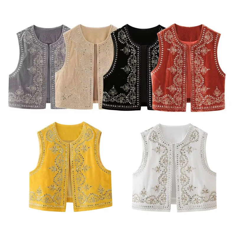 

Women's Vintage Ethnic Style Jacket Retro Black Sequin Fashion Casual Embroidered Velvet Vest New Chic Casual Outwear