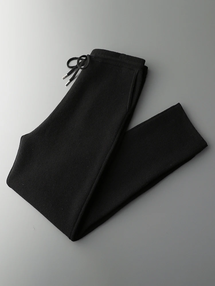 Men 100% Merino Wool Pencil Pants Autumn Winter Thick Smart Casual Cashmere Trousers Elastic Waist Solid Pocket Soft Knit Pants