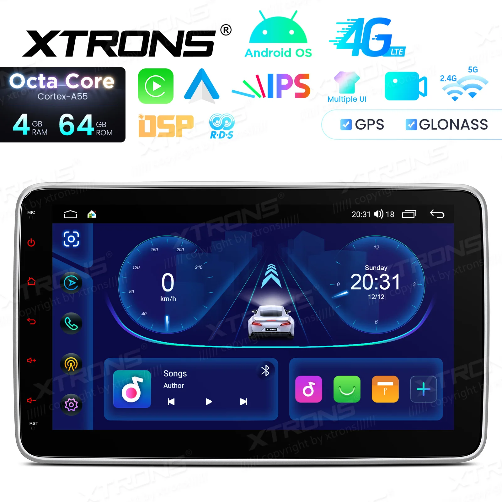 XTRONS Autoradio Universale 10.1'' Octa Core 4+64GB Android 14, Schermo Touch HD IPS, Stereo Auto con CarPlay AA 4G LTE