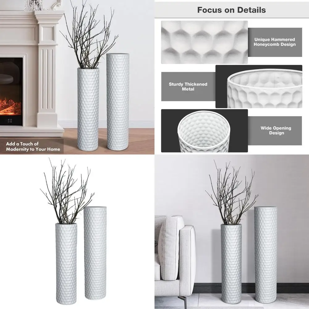 

Set of 2 Modern 27.7 Tall Decorative Metal Floor Vases with Honeycomb Texture for Living Room, Dining, and Hallway