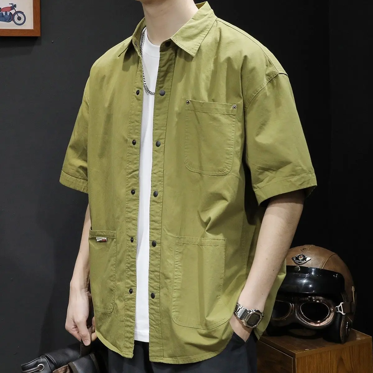 Men\'s Shirt Green Cargo Oversize Male Shirts with Pocket Xxl Sleeves High Quality Luxury Japanese Vintage Casual Designer Social